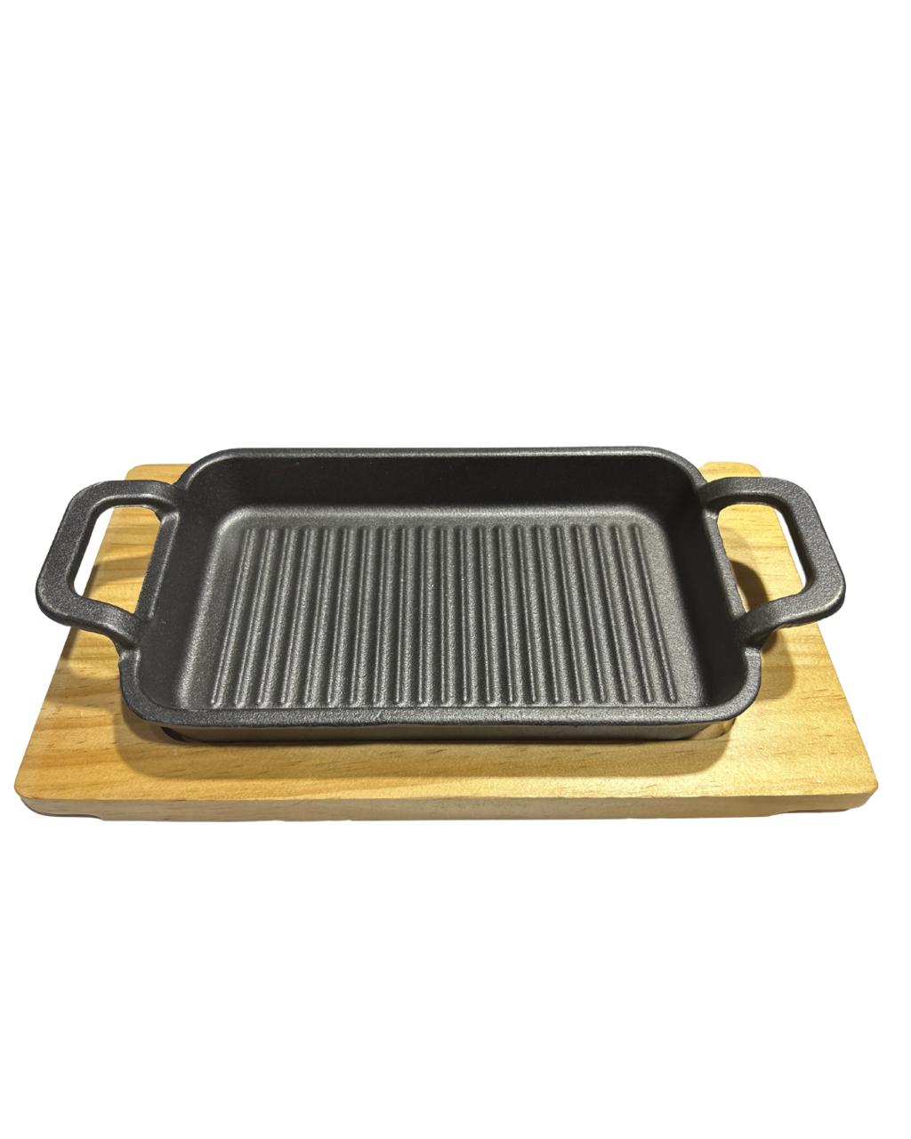 Plancha Rectangular de Hierro Fundido 22 x 14 cm con Base de Madera