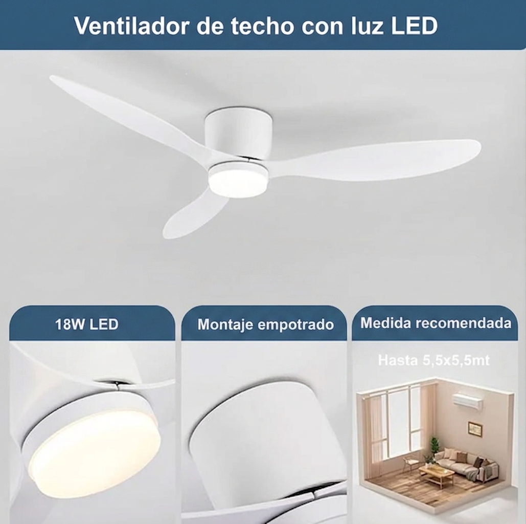 Ventilador De Techo Minimalista 3 Aspas Con Luz LED y Control Remoto - Imagen 4